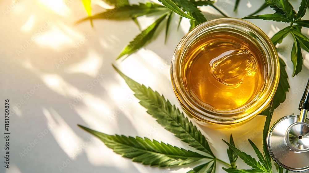 Poster a jar of cbd salve placed next to fresh cannabis leaves and a stethoscope on a clean white backgroun