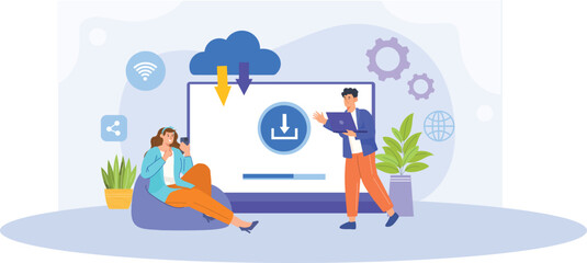 Obraz premium An illustration of a cloud-based file download, showcasing a seamless transfer of files from a cloud server to a device, with clear visual representations of data flow and technology.