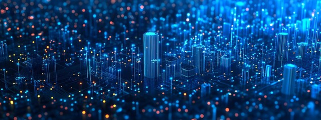 Obraz premium A blue digital background featuring an isometric view of a microchip with glowing lights and interconnected connections
