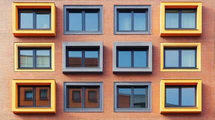 Fototapeta premium Modern Architecture: A Study in Geometric Windows and Brick Facade