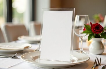 Blank white menu mockup on served table in restaurant