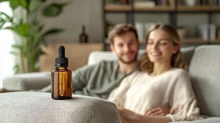 A close-up of a young couple holding a dropper bottle of CBD oil with a relaxed atmosphere Stock Photo with side copy space