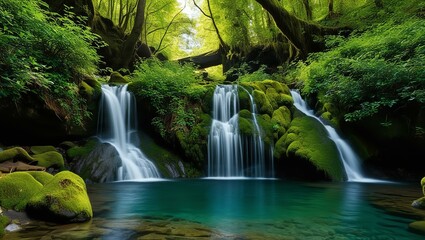 Moss-Covered Rocks and Cascading Water | Tranquil Forest Waterfall | Lush Green Landscape | Serene Nature Scene