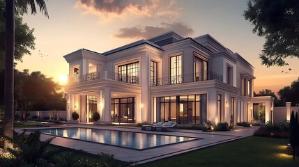 Elegant house with a swimming pool in a modern architectural style