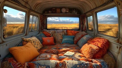 Cozy interior of a vintage van, showcasing a 3D TV with Landscape View that captures the serene beauty of golden fields.