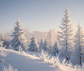 Fototapeta premium Winter panorama landscape with a snow-covered forest and trees at sunrise. A winter morning marking the beginning of a new day. Winter landscape with sunset, panoramic view