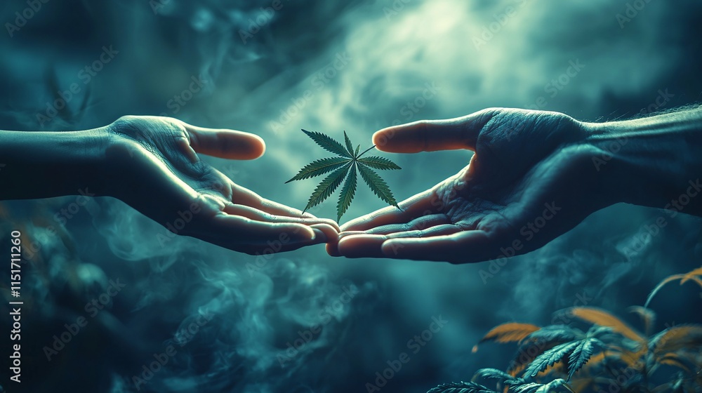 Aufkleber A close-up of two hands passing a cannabis leaf symbolizing shared understanding and connection Stock Photo with side copy space
