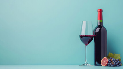 Bottle and glass of red wine with grapes on blue background
