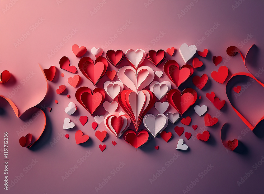 Poster intricate paper hearts, red and white, arranged in a romantic composition on a muted pink background