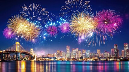 Fototapeta premium Colorful Fireworks Lighting Up Vibrant City Skyline at Night with Towering Buildings and Bridges, High-Resolution Urban Beauty