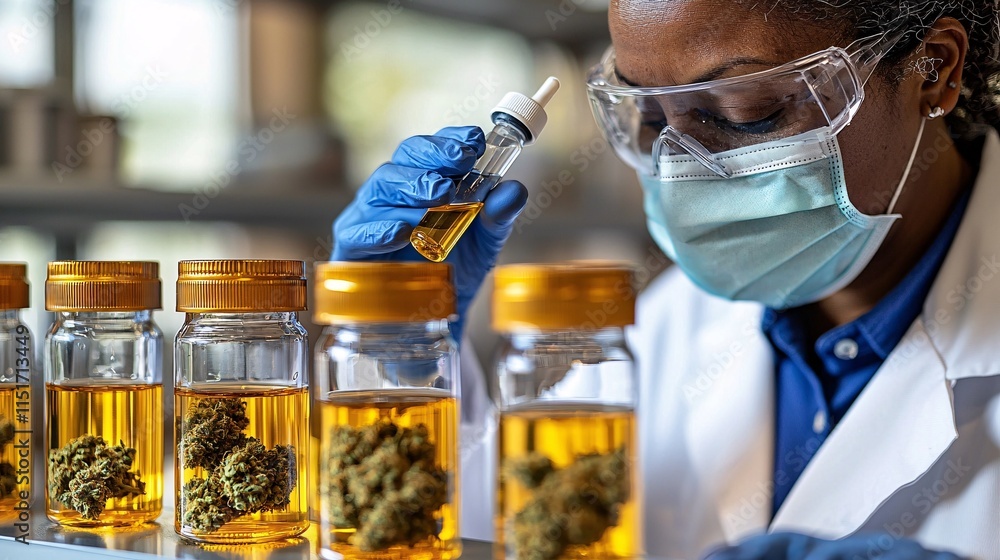 Poster A laboratory scene with a scientist analyzing cannabis samples using advanced scientific equipment Stock Photo with side copy space