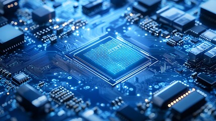 Fototapeta premium A blue digital background featuring an isometric view of a microchip with glowing lights and interconnected connections