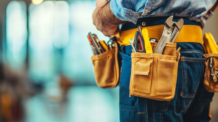 Close-up of maintenance worker with tool belt full of tools