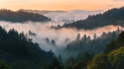 Misty sunrise over a valley of evergreen trees.