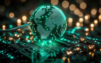 A glowing globe connected by a network cable to a circuit board, depicting the vast reach of global internet connectivity and data communication