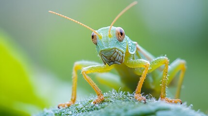 Fototapeta premium Close-up of a vibrant green grasshopper perched on a dew-covered leaf.