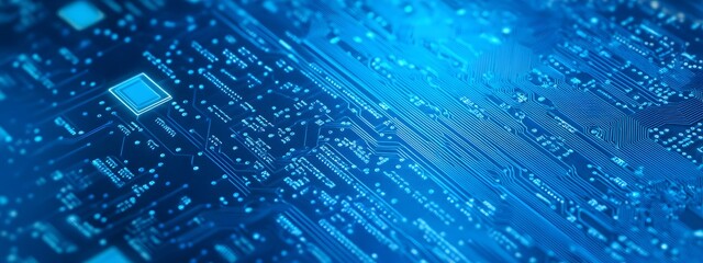 A blue digital background featuring an isometric view of a microchip with glowing lights and interconnected connections