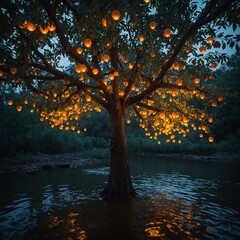 A tree with fruits that float and glow like tiny lanterns.

