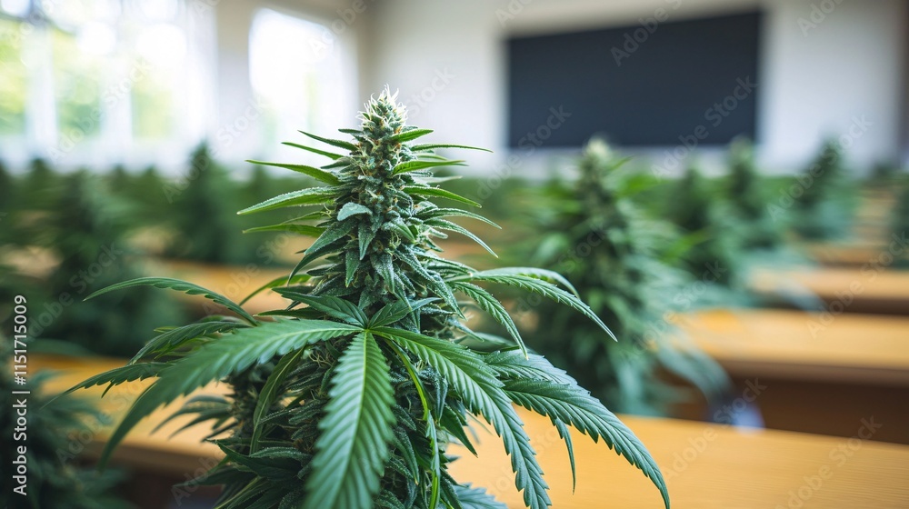 Poster A professional presentation setting with a speaker explaining cannabis education using a large projection screen Stock Photo with side copy space