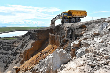 Massive dump truck on edge of rugged limestone quarry under clear sky