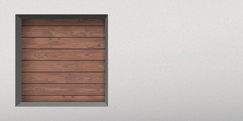Concrete wall with square hole have cut timber panels mocha tone behind graphic illustration.