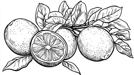 Citrus Fruits Branch With Leaves, Line Art Illustration. Black Outline on White Background
