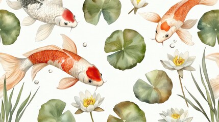 Koi fish swim among water lilies and leaves