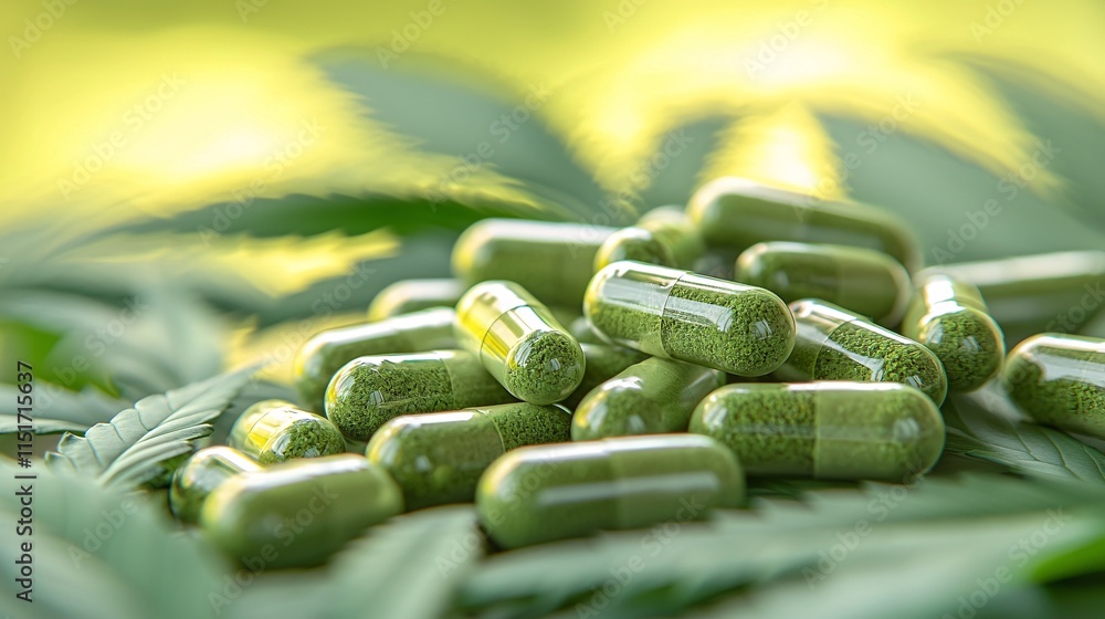 Aufkleber An educational display showcasing different cannabinoids with visual cues and descriptive text placeholders Stock Photo with side copy space