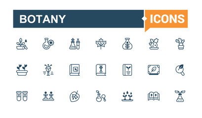 Set of Botany line icons. Includes icons for botany, plant, natural, equipment, grow, organic, bio and more. Outline icon. Solid line editable stroke. Vector line and solid icons.