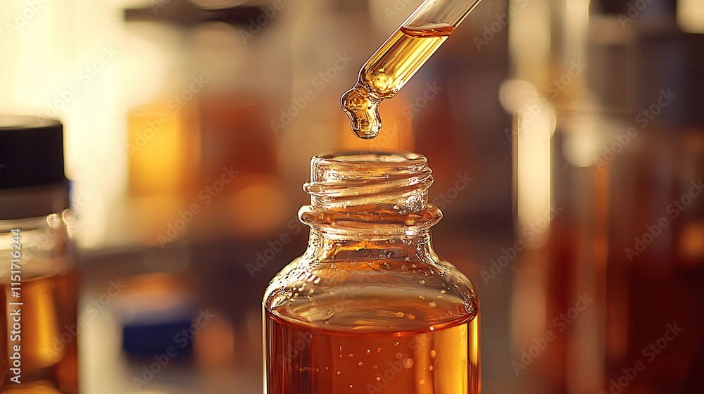 Poster A close-up of a scientist carefully extracting cannabis oil with a precision dropper in a sterile lab environment Stock Photo with side copy space