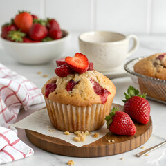 A delicious strawberry muffin, soft and moist, bursting with fresh strawberries,