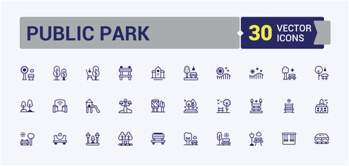 Public Park line icons set. Includes thin line street, lake, playground, castle, graphic, fountain, building and more. Minimalistic icons. Editable vector icon and illustration.