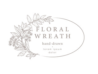 Elegant luxury floral frame with hand drawn in line art style of branches, flowers and leaves. Vintage wreath. Vector illustration for label, logo, wedding invitation, save the date
