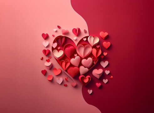 A large heart crafted from numerous smaller, layered paper hearts in varying shades of red and pink.  The hearts are arranged against a two-toned background of blush pink and deep burgundy, creating a