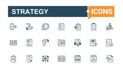 Strategy icons set. It contains symbols to objective, achieve, outline, tasks, project and more. Minimalistic icons. Solid line editable vector illustration.