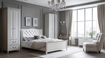 Elegant bedroom interior with white furniture, large window, and chandelier.