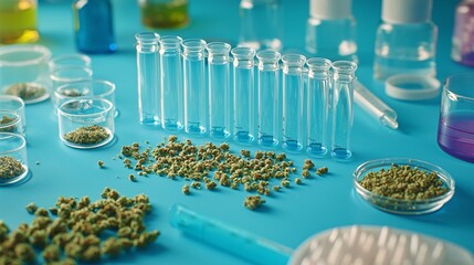 A minimalist composition showing cannabis analysis tools like a chromatography setup with detailed labels Stock Photo with side copy space