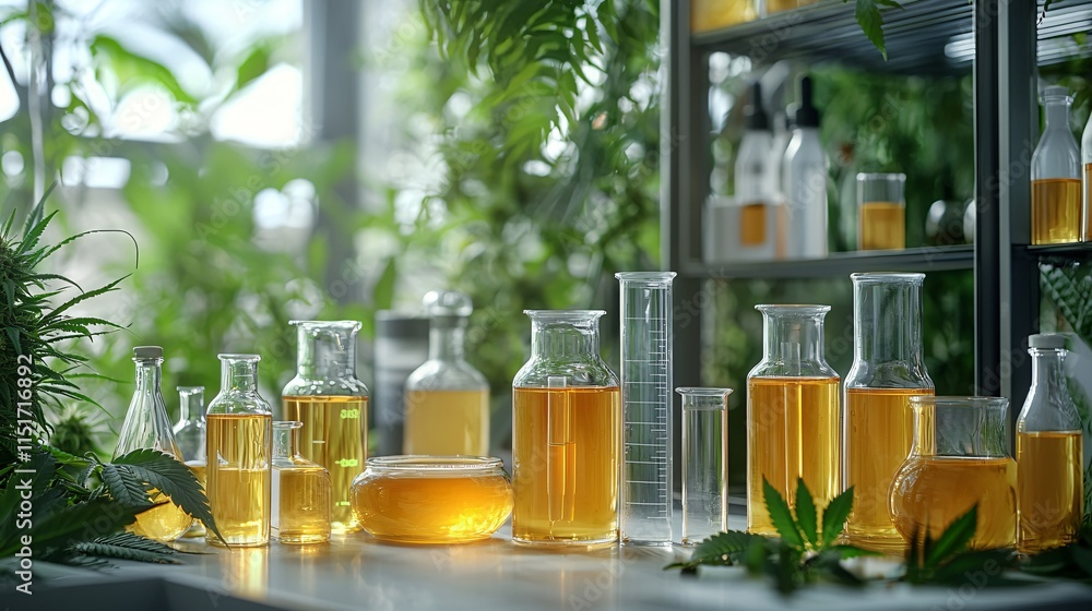 Poster a modern lab scene with test tubes beakers and labeled cannabis samples in an organized layout stock