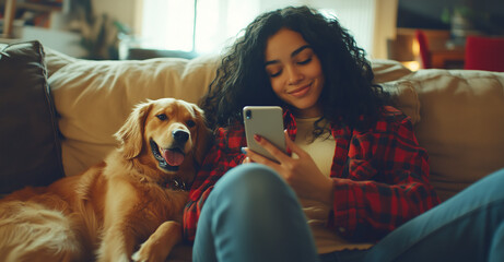  young woman lounging on a sofa with her golden retriever, smiling while using her smartphone in a warm, comfortable living room