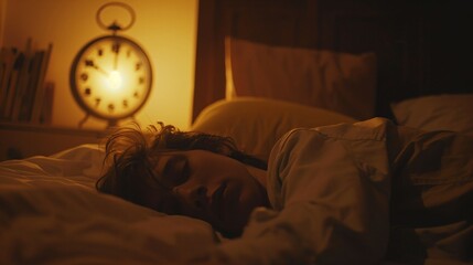 Person lying in bed with wide open eyes, unable to sleep as clock shows late night hours. Insomnia and restlessness concept for mental health awareness.