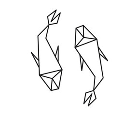 Two geometric koi fish outlined in black on a white background. Minimalist line art illustration inspired by origami. Design for posters, prints, and tattoos.