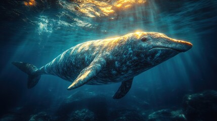 Fototapeta premium Underwater view of dolphin swimming through sunlit ocean.
