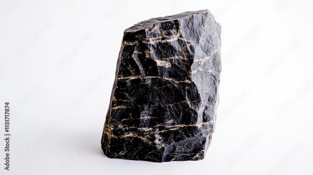 Poster a dark, textured rock with angular edges, showcasing natural patterns and a glossy surface against a
