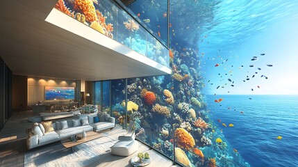 3D TV with Landscape View showcases vibrant coral reefs, bright fish, and a serene ocean, creating a mesmerizing, tranquil ambiance.