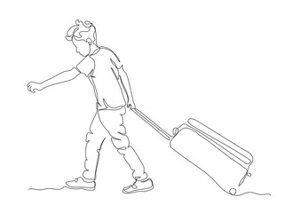 Boy pulling heavy suitcase. Side view. Continuous line drawing. Black and white vector illustration in line art style.