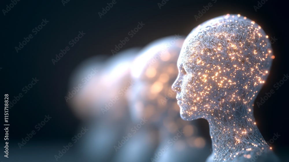 Poster a futuristic display of mannequin heads that shimmer with a sparkling, ethereal quality, evoking the