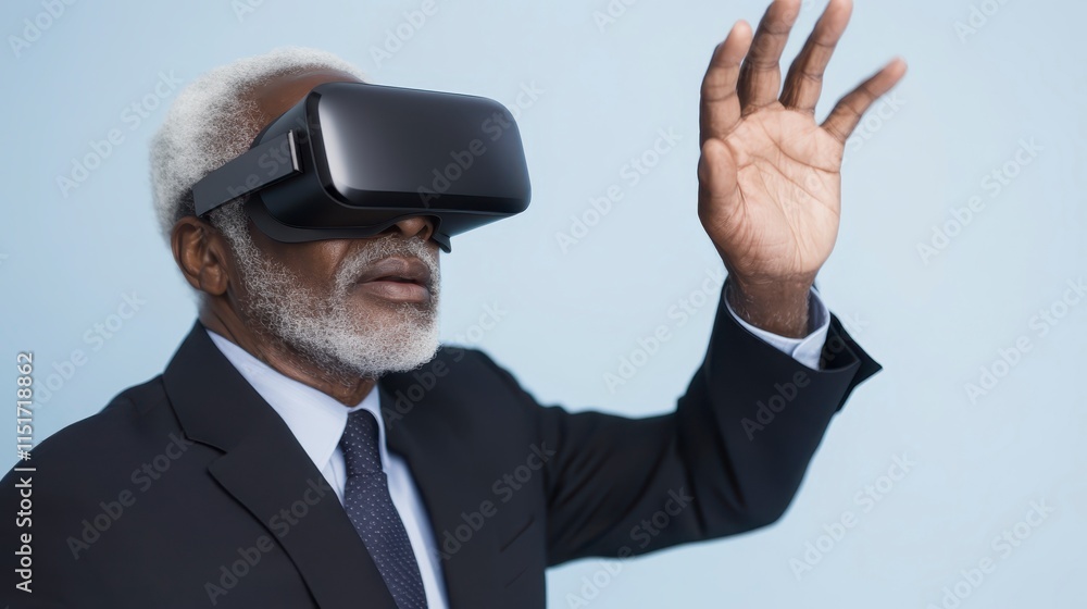 Poster an older man in a suit explores virtual reality with a headset, gesturing as he engages with a digit
