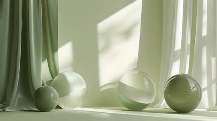 Minimalist Serenity: Glass Spheres and Drapes in Soft Light