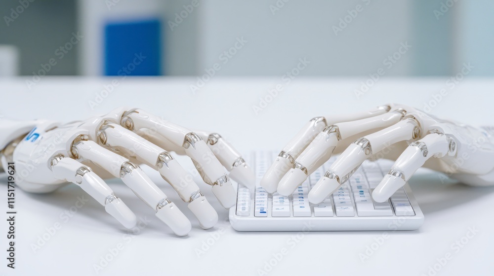 Poster a close-up of robotic hands positioned above a keyboard, showcasing the intersection of technology a