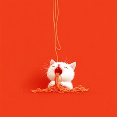 Cute cat enjoying a bowl of spaghetti on a bright background.